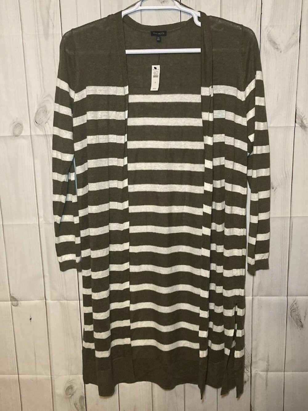 Talbots Long Sleeve Open Linen Cardigan Olive Green/White Striped Women’s Size M